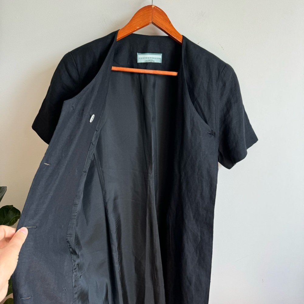 Simons Vintage Contemoraine Black Midi 100% Linen Dress Size 12 Double Buttons - Picture 8 of 11